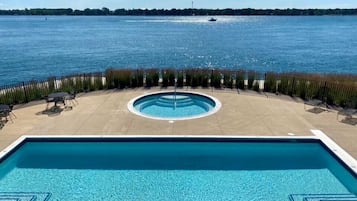 Seasonal outdoor pool, pool loungers
