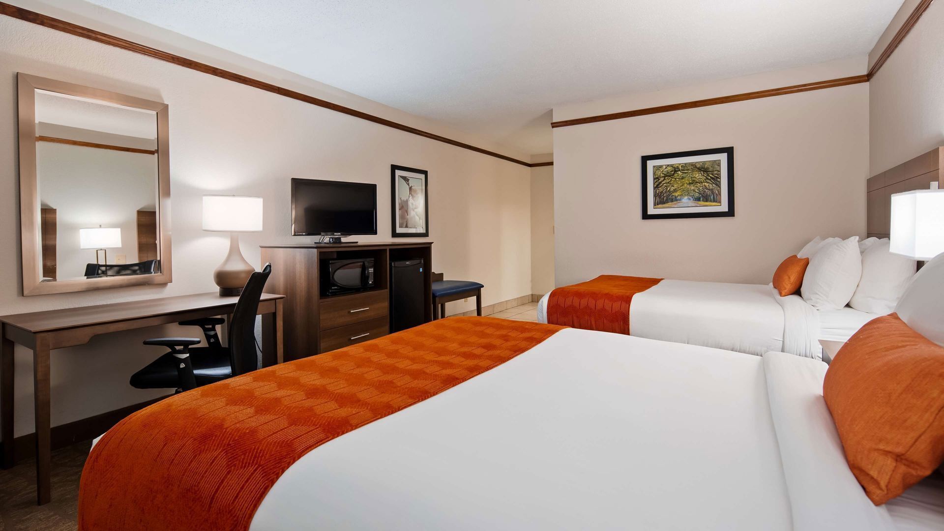 Desk, laptop workspace, iron/ironing board, WiFi