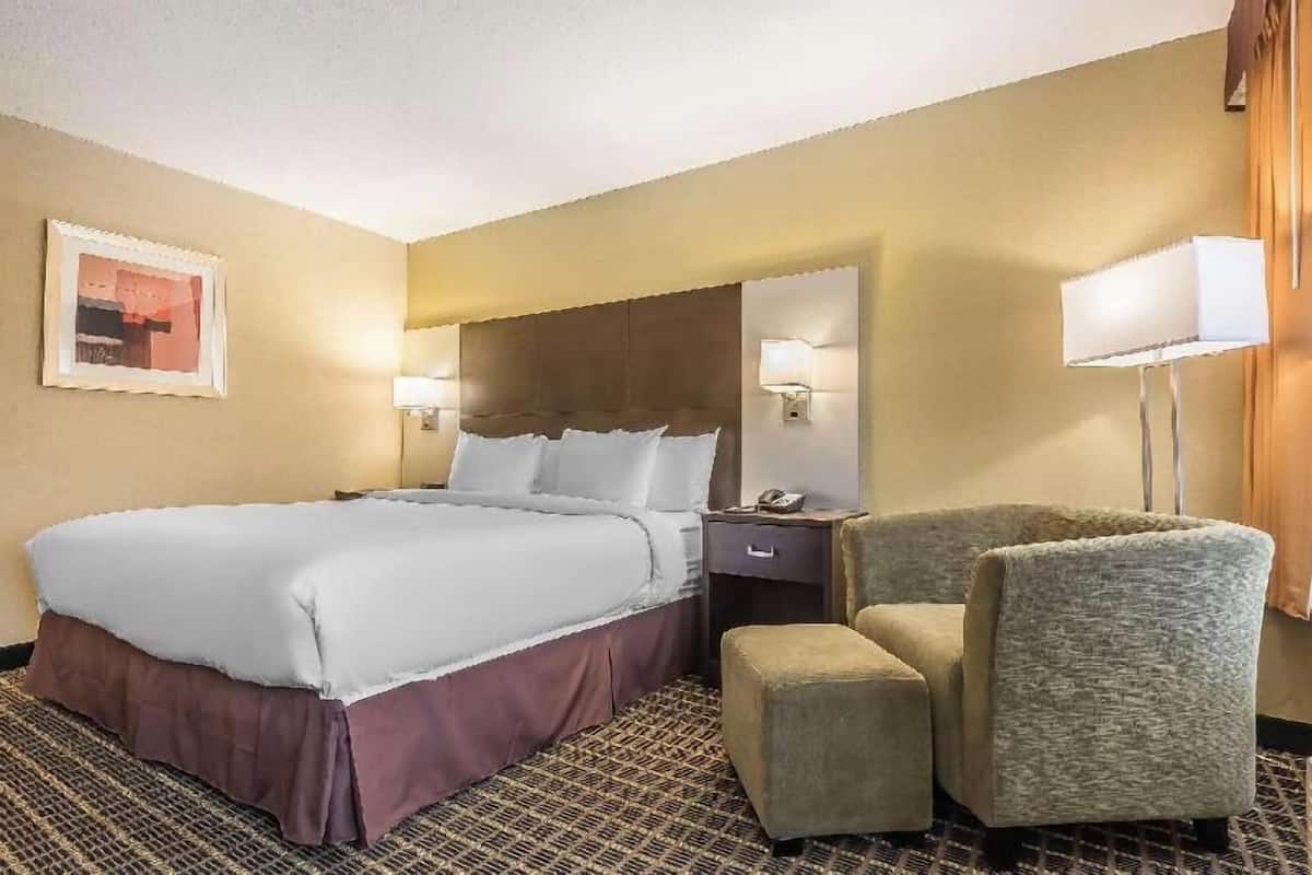 A hotel room with a bed, a chair, a nightstand, and a lamp.
