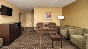 Habitación de hotel con sofá, sillones, televisor, escritorio y alfombra estampada.