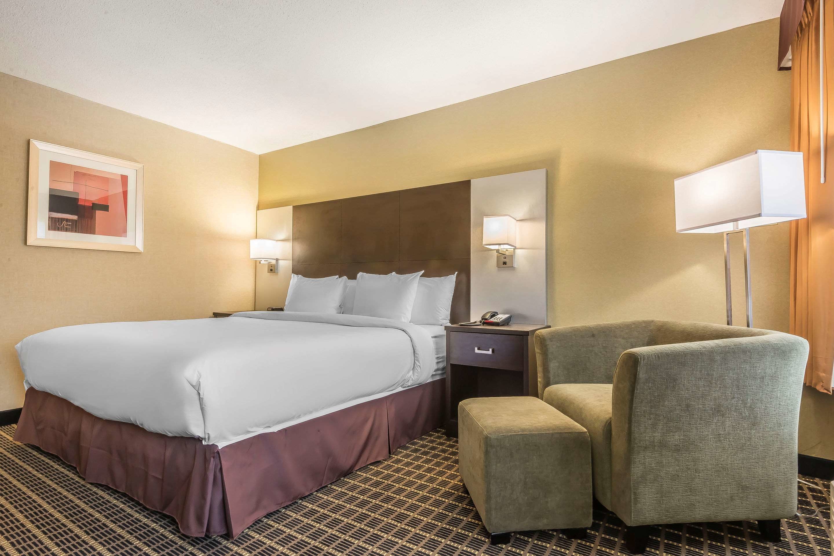 A hotel room with a large bed, a bedside table with a lamp, a chair, and a patterned carpet.