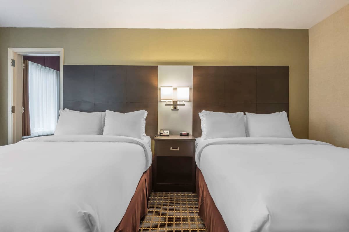 A hotel room with two beds, a nightstand with a lamp, and a patterned floor.