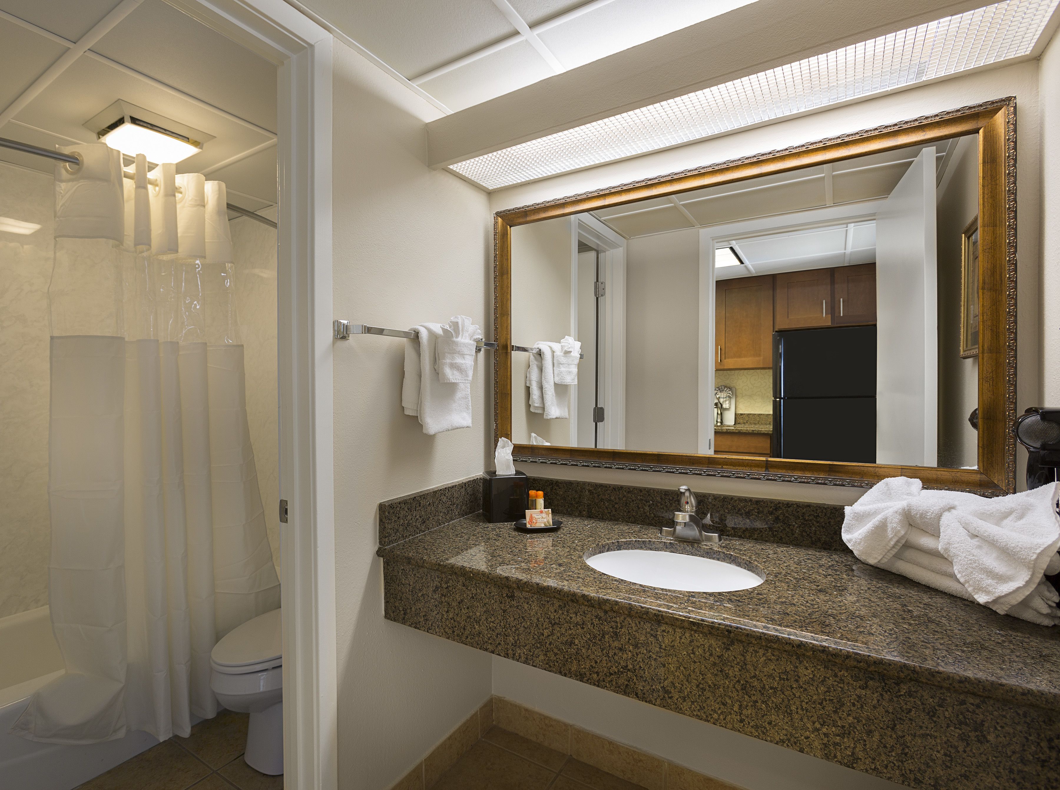 A bathroom with a granite countertop, a white sink, a large mirror, and a shower area.