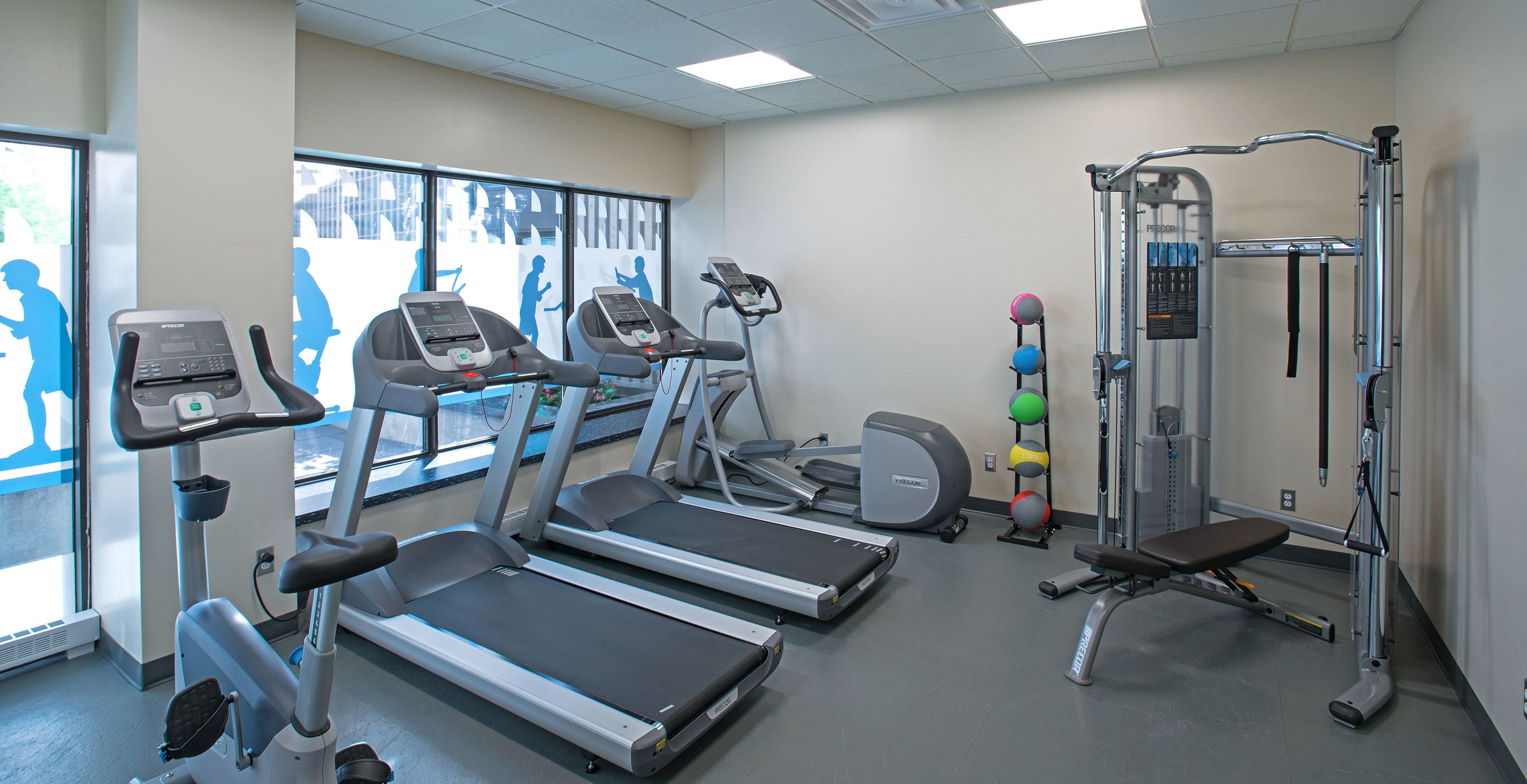 A gym with treadmills, elliptical machines, and a weightlifting station.