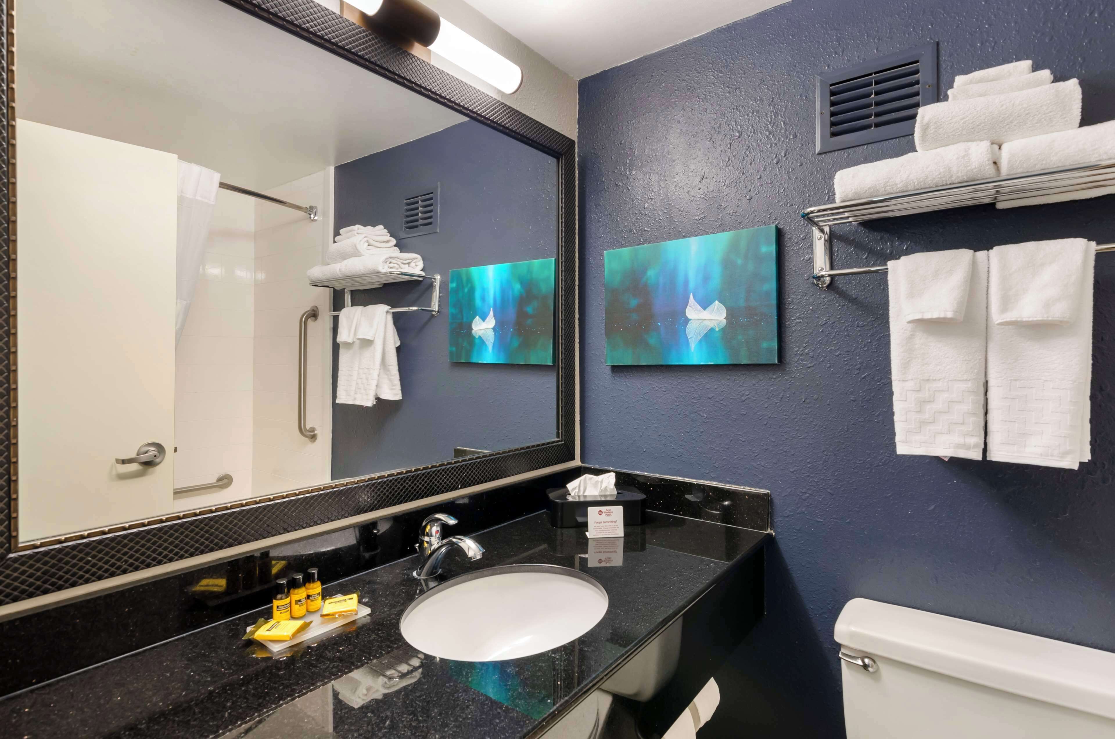 combined shower/bathtub, free toiletries, hair dryer, towels