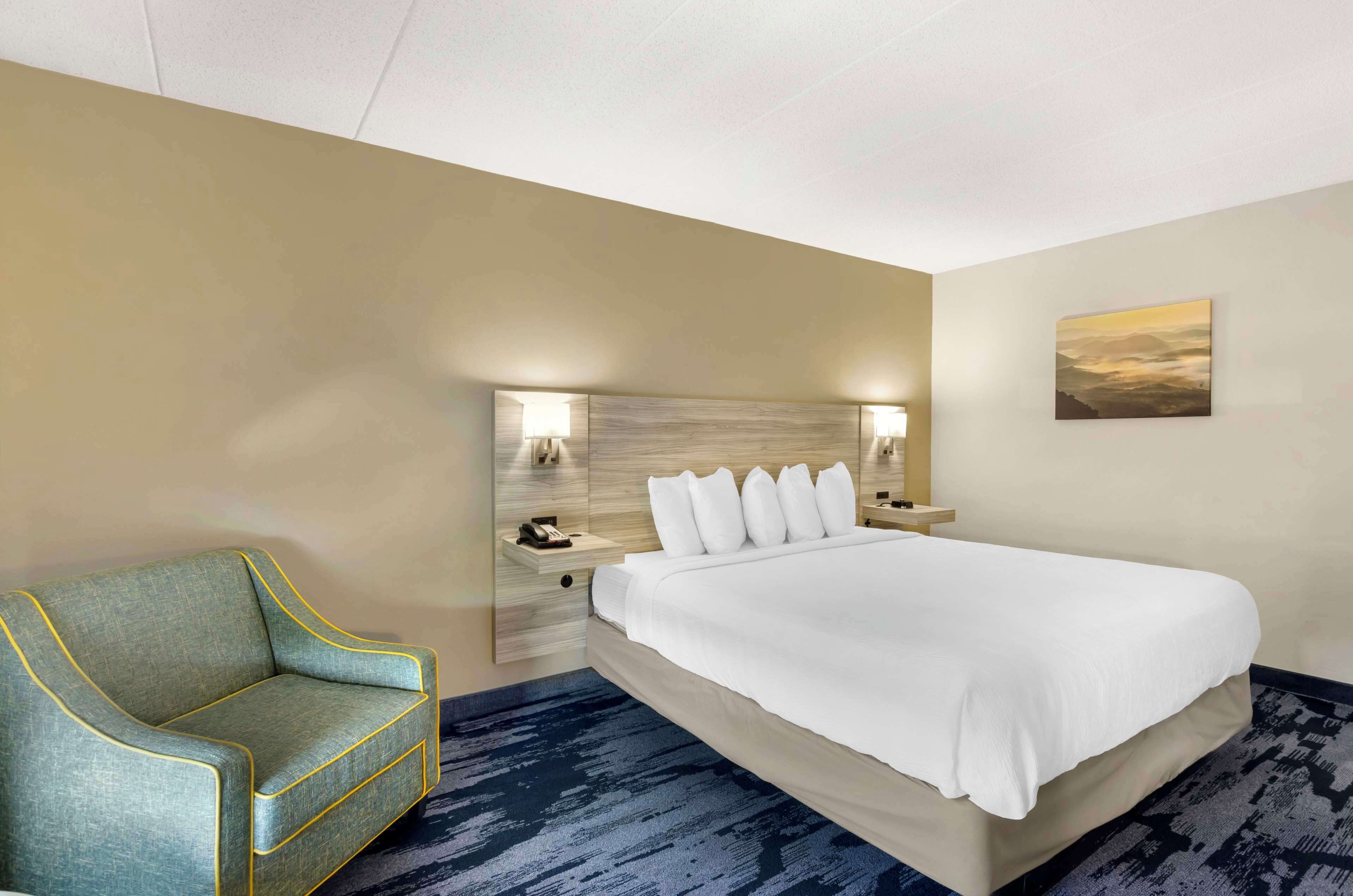 Une chambre d’hôtel avec un lit, un canapé, une table de chevet avec un téléphone et un tableau au mur.