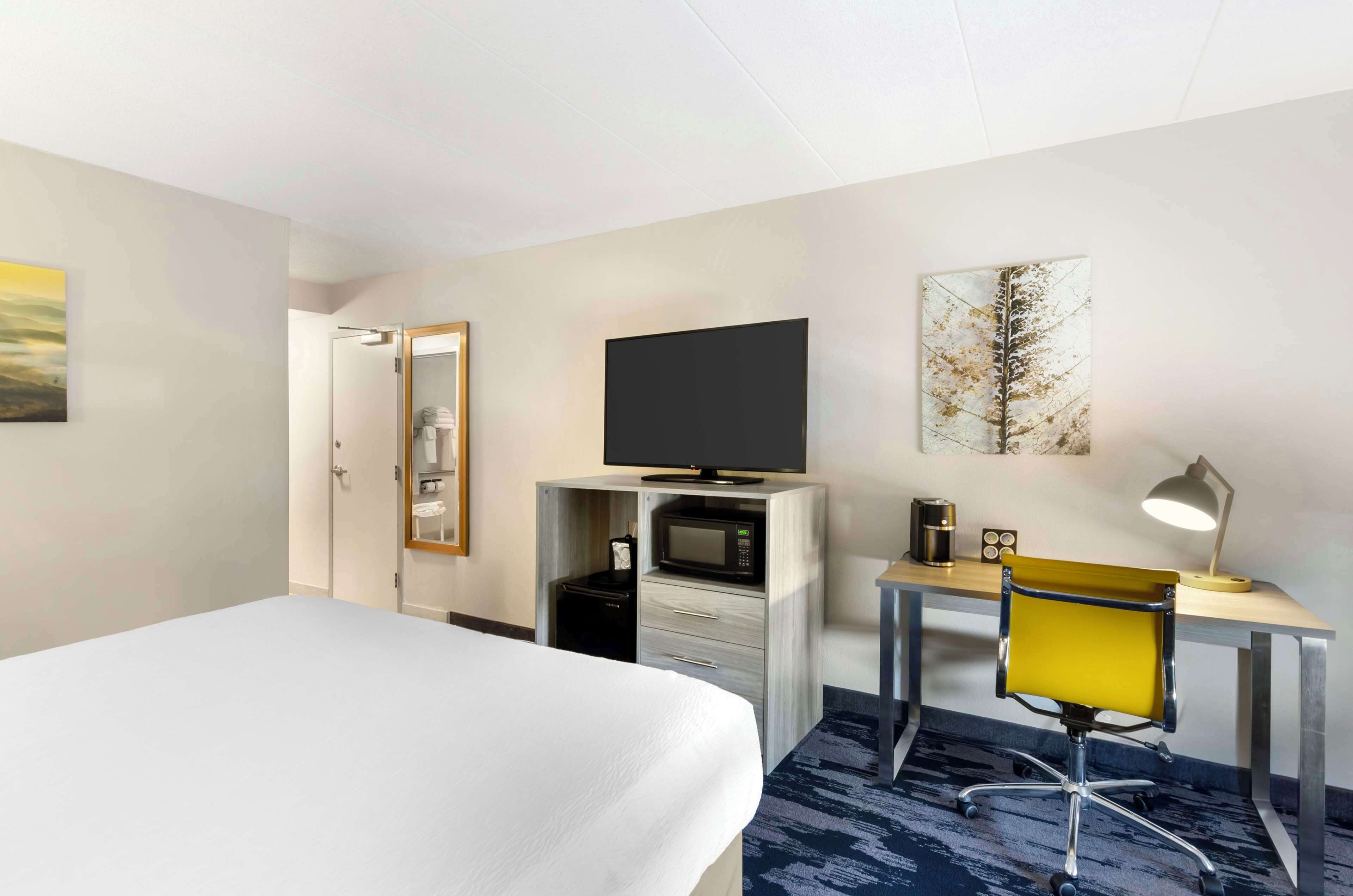 A hotel room with a bed, a desk with a chair, a television, a microwave, and a small cabinet.