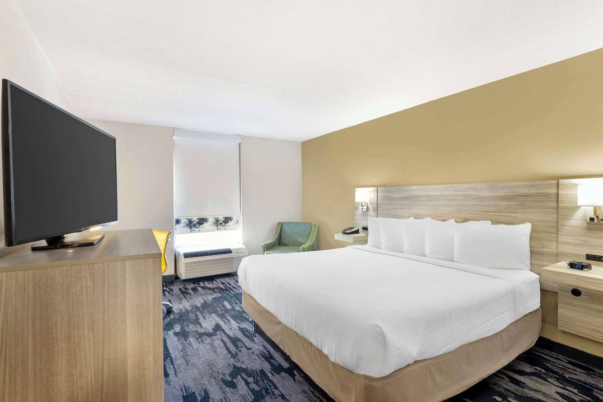 A hotel room with a large bed, a TV on a wooden cabinet, a chair, a bedside table with a lamp, and a window with a view.