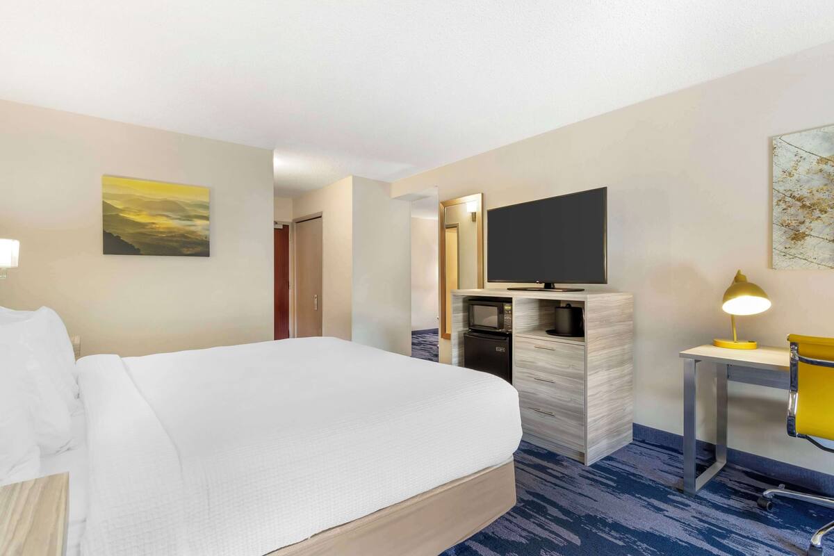 A hotel room with a large bed, a desk with a computer, a flat-screen TV, and a microwave.