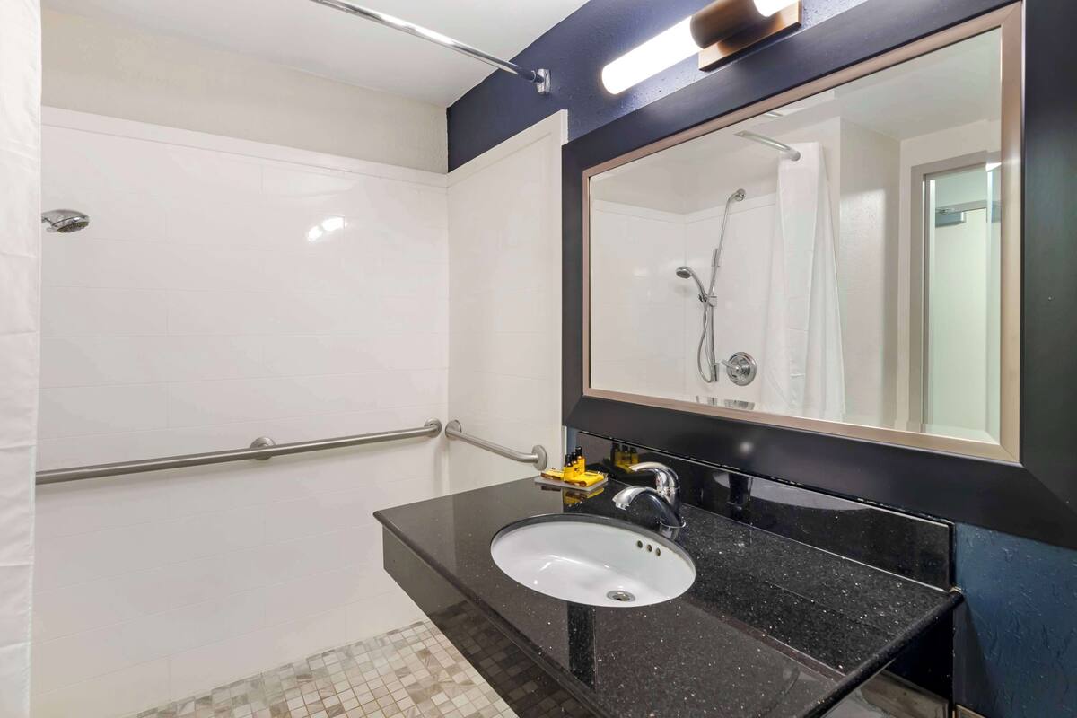 standard room, 1 king bed, accessible, refrigerator & microwave | bathroom | combined shower/bathtub, free toiletries, hair dryer, towels