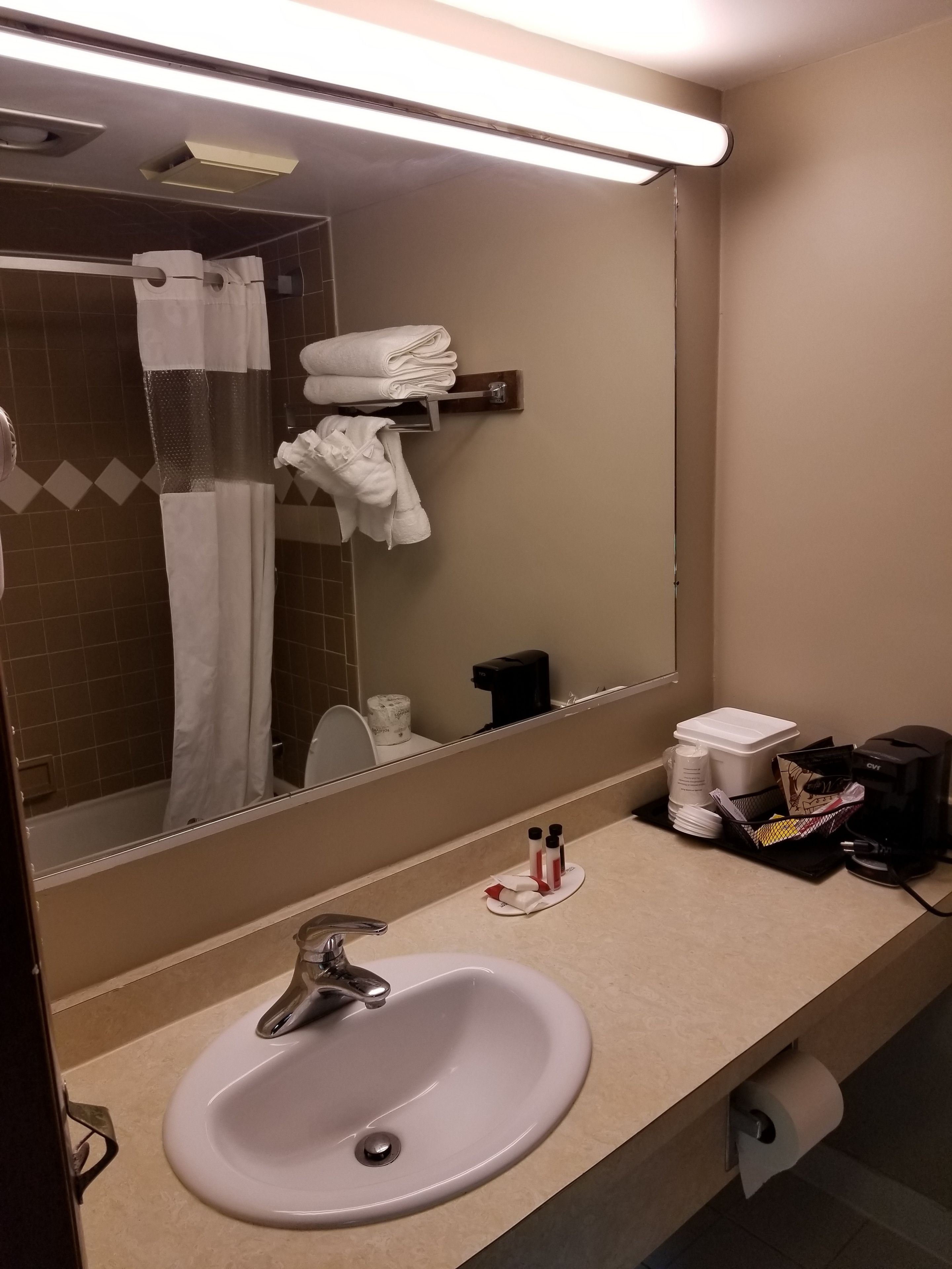 Un baño de hotel con lavamanos, espejo, perchero para toallas y artículos de aseo.