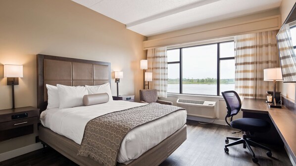 Desk, laptop workspace, blackout drapes, iron/ironing board