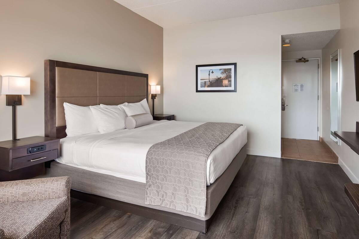 Une chambre d’hôtel avec un grand lit, des tables de chevet avec des lampes, un téléviseur à écran plat fixé au mur et un tableau encadré accroché au mur.