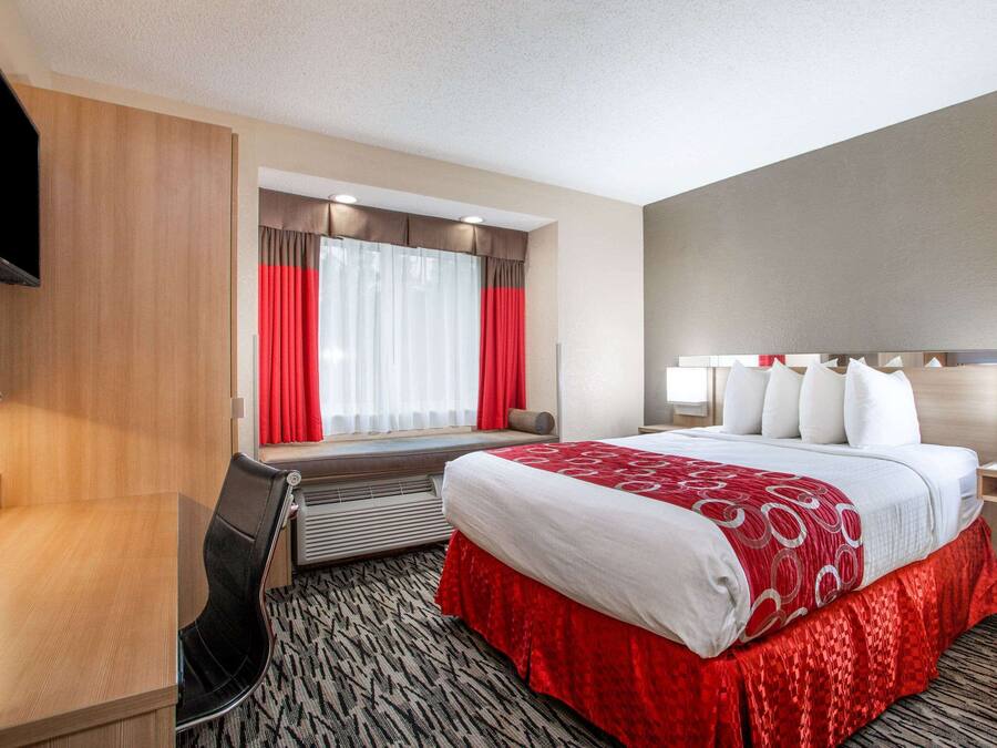 A hotel room with a bed, a desk, a chair, a TV, and a window with curtains.