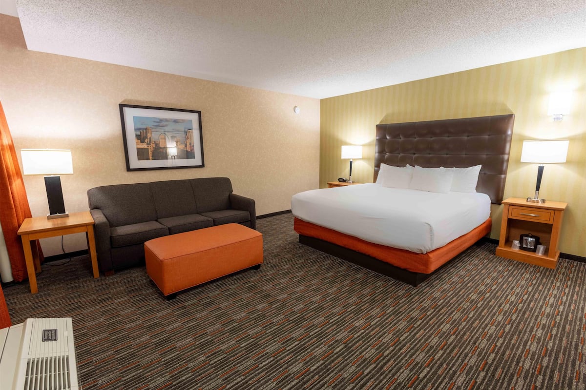 A hotel room with a bed, a sofa, an ottoman, a nightstand, a lamp, a picture on the wall, and a carpeted floor.