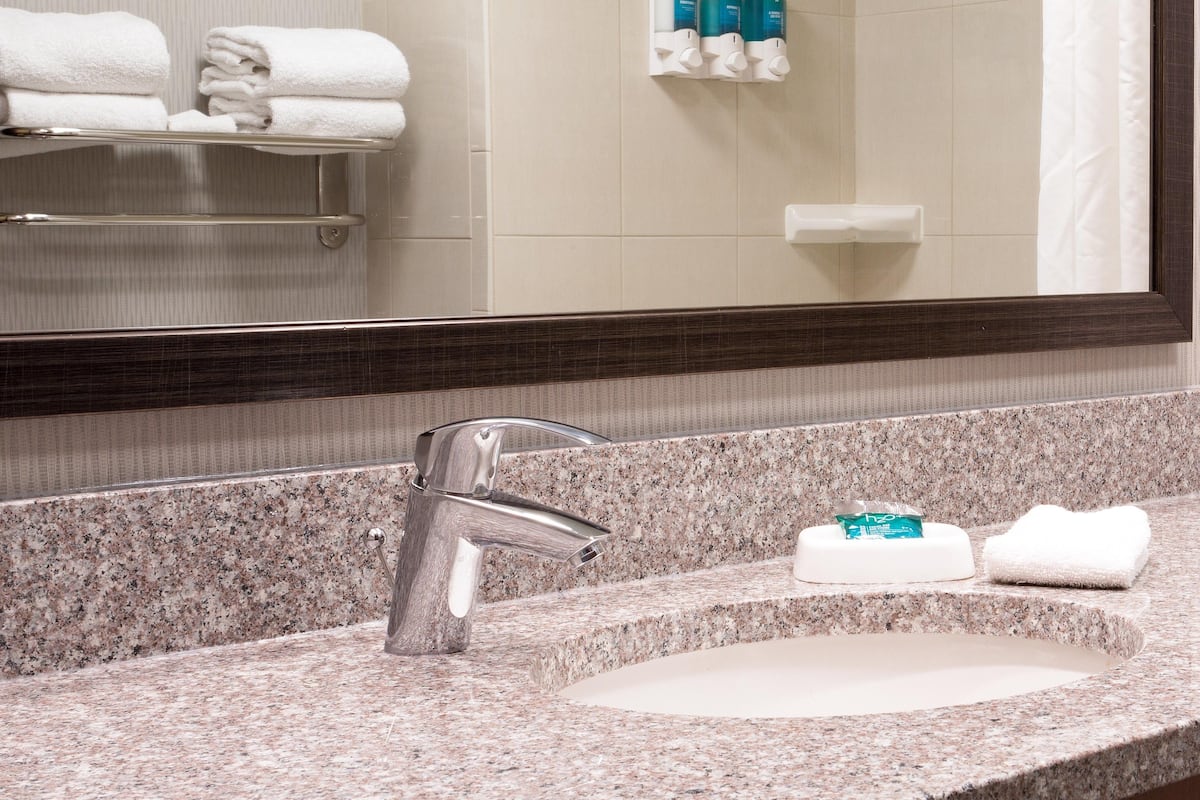 combined shower/bathtub, free toiletries, hair dryer, towels