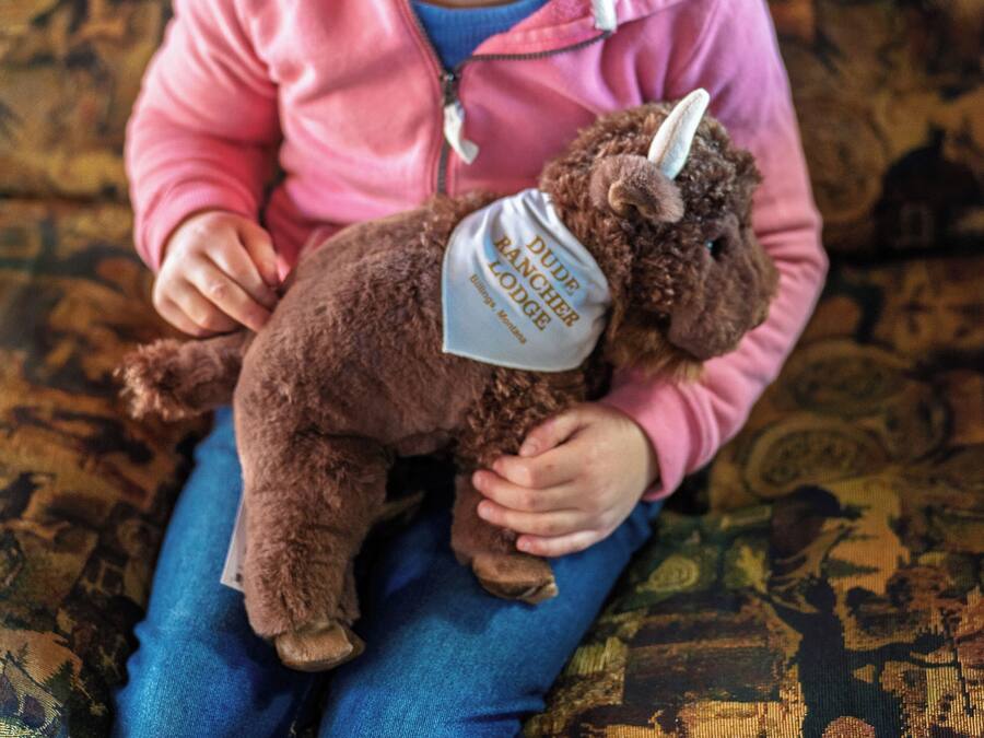 Ein Kind sitzt auf einem gemusterten Sofa und hält ein Teddybär mit einem Etikett.