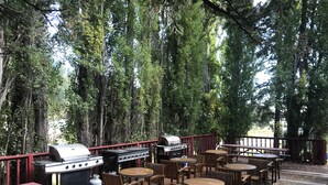 Eine Terrass mit Picknicktischen und Grillstationen, umgeben von Bäumen.