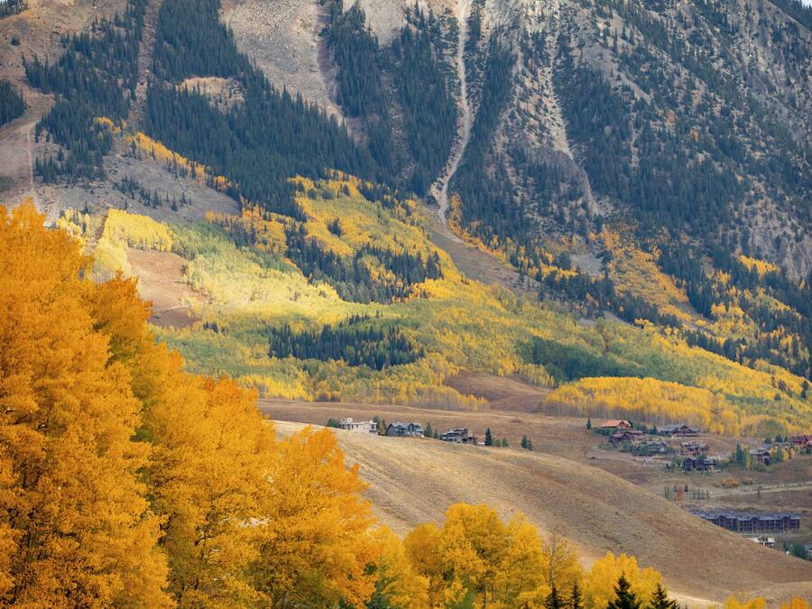 A winding road leading to a mountain with autumn foliage.