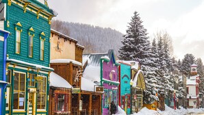 A snow-covered street with colorful buildings, including a green building with a sign that reads "McGill's." - Elevation Hotel & Spa (Crested Butte)