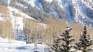 Montanha coberta de neve com um teleférico e árvores em primeiro plano.
