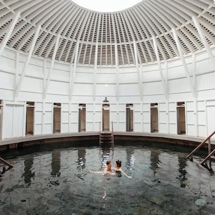 An indoor swimming pool with a high, white, arched ceiling and multiple entry points.