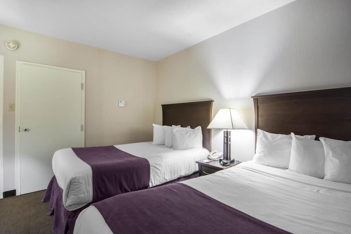Una habitación de hotel con dos camas, una mesita de noche, una lámpara y una puerta.