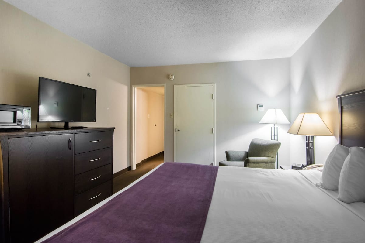 Una habitación de hotel con una cama, un televisor en una cómoda, una silla y dos lámparas.