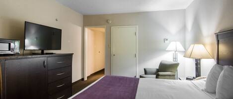 Una habitación de hotel con una cama, un televisor en una cómoda, una silla y dos lámparas.