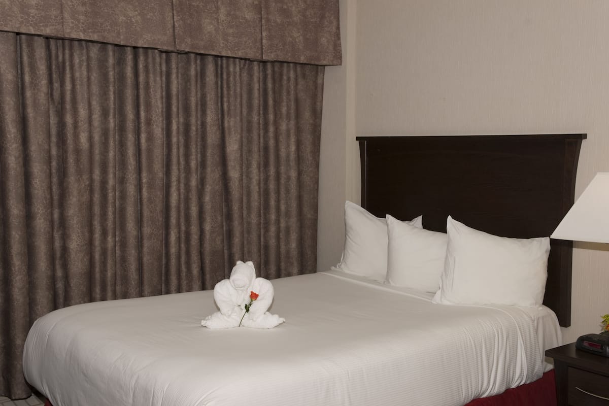 Una habitación de hotel con una cama bien hecha, cabecera oscura y un amplio ventanal con cortinas.