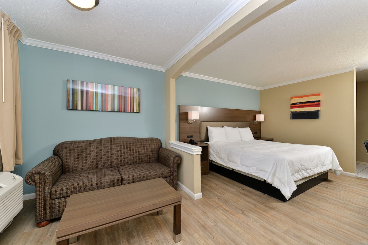 A hotel room with a bed, a sofa, a bedside table, and a lamp.