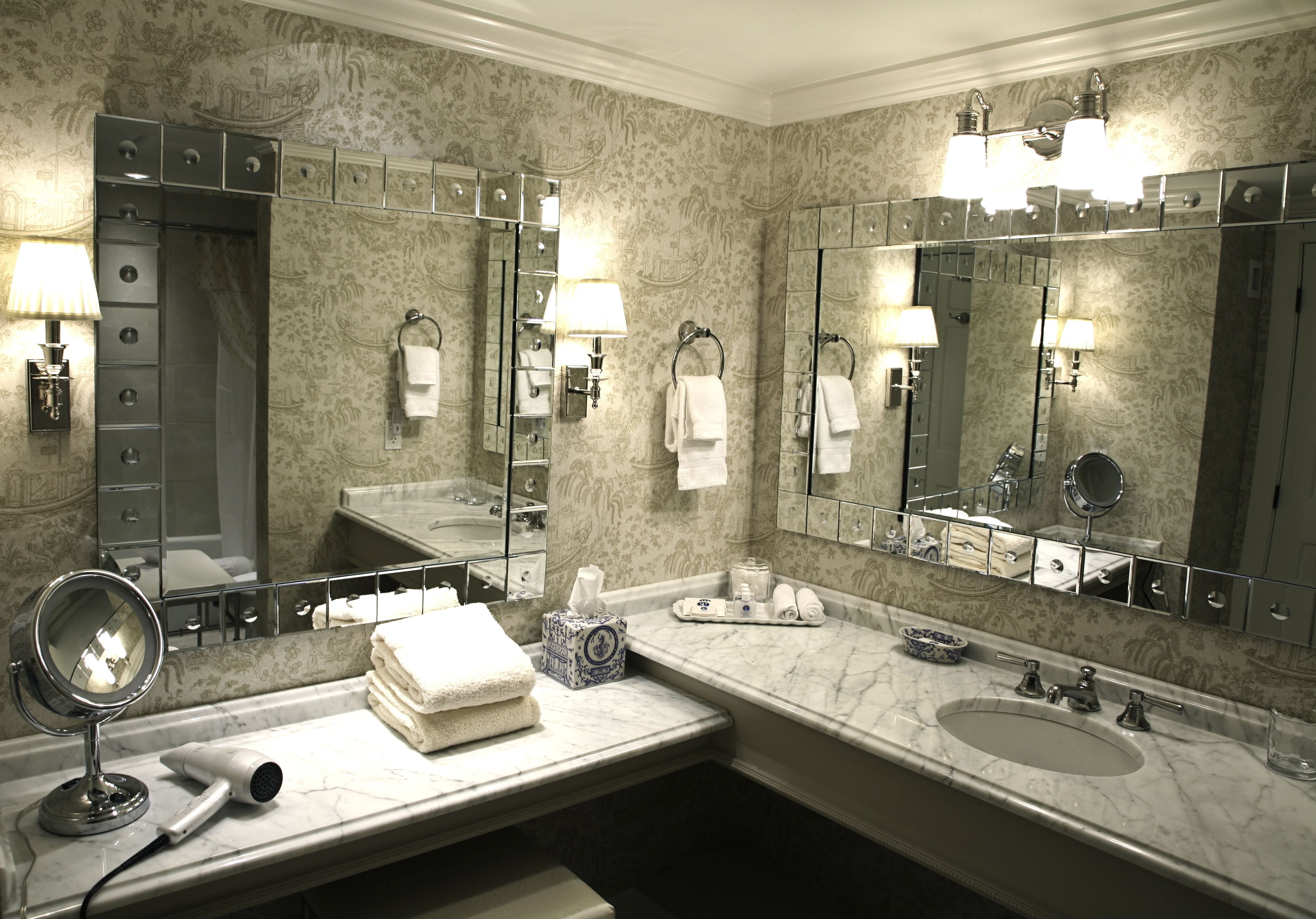 designer toiletries, hair dryer, bathrobes, towels