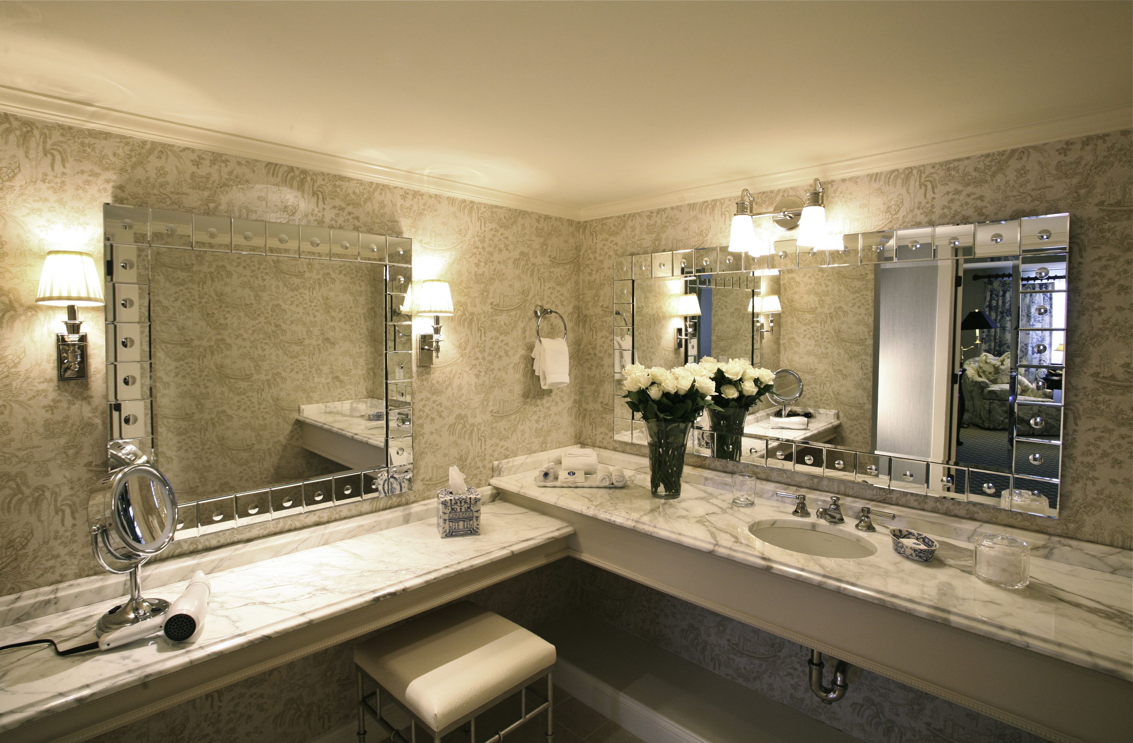 designer toiletries, hair dryer, bathrobes, towels