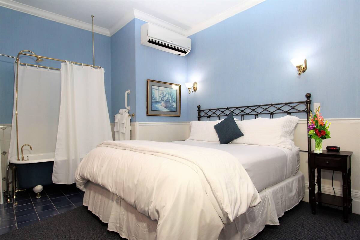 A bedroom with a bed, a nightstand, a wall-mounted air conditioner, a shower curtain, and a framed picture on the wall.