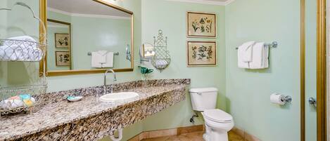 A bathroom with a granite countertop, a white sink, a toilet, and a large mirror.