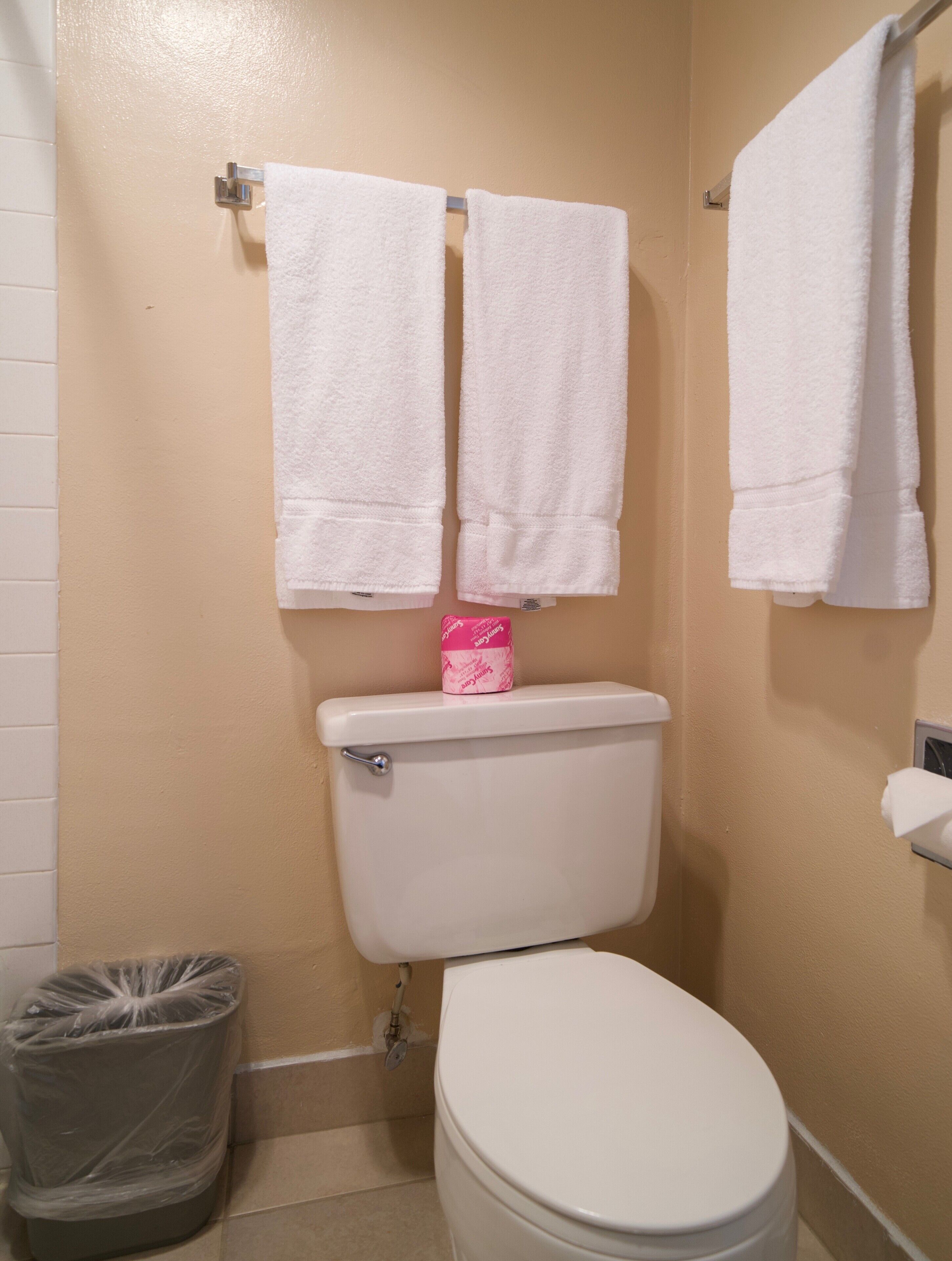 Een badkamer met twee witte handdoeken aan een rek, een toilet met een roze zakdoekendoosje erop en een prullenbak.