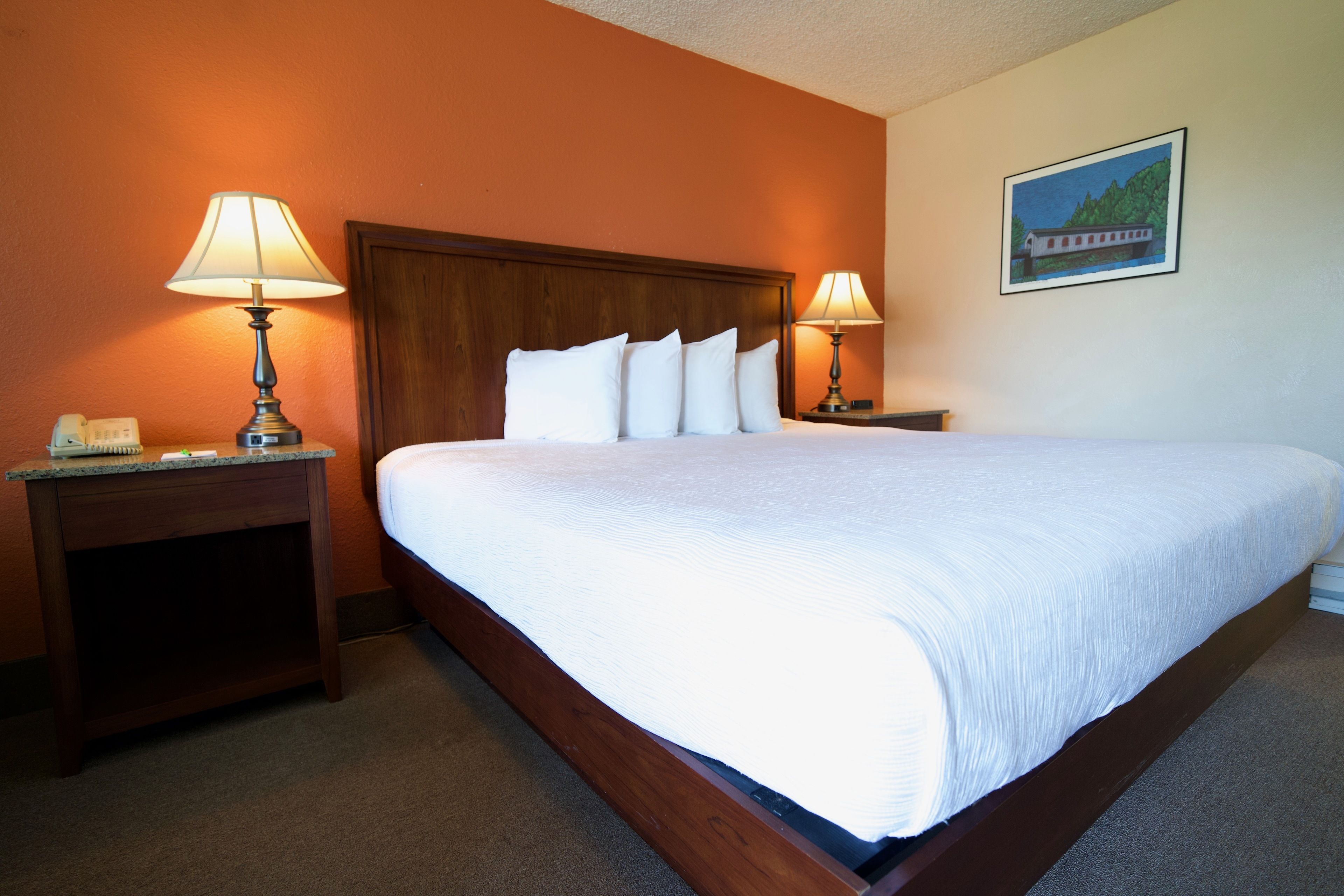A hotel room with a large bed, two bedside tables with lamps, a wooden headboard, and a framed picture on the wall.