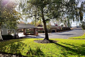 A tree-lined driveway leading to a building with a tiled roof and a brick structure.