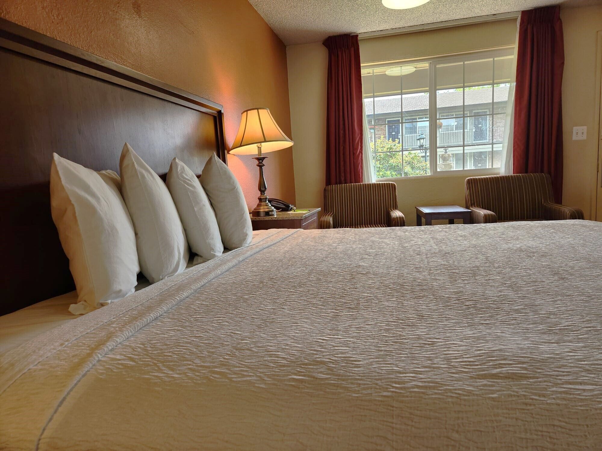 Habitación de hotel con una cama grande, una mesita de noche con lámpara, una silla y una ventana con cortinas.