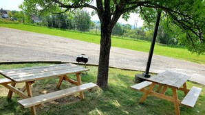 Two picnic tables with benches, a grill, and a tree in a park setting.