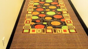 Un long couloir étroit, orné d’un tapis à motifs et bordé de part et d’autre par une série de portes.