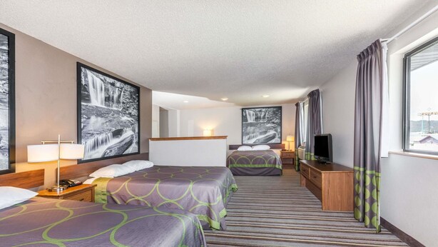 Une chambre d’hôtel avec deux lits, une télévision, une commode en bois et de grandes fenêtres avec des rideaux.