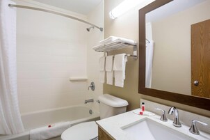 Bañera con ducha, secador de pelo, toallas