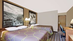 A hotel room with two beds, a desk, a chair, and two wall-mounted lamps. - Super 8 by Wyndham Elkins (Elkins)