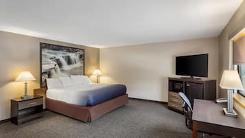 Una habitación de hotel con cama, escritorio, televisor y un cuadro en la pared.