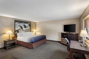 Una habitación de hotel con cama, escritorio, televisor y un cuadro en la pared.