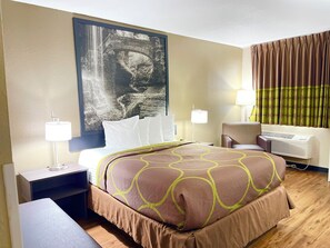 Desk, laptop workspace, blackout curtains, iron/ironing board