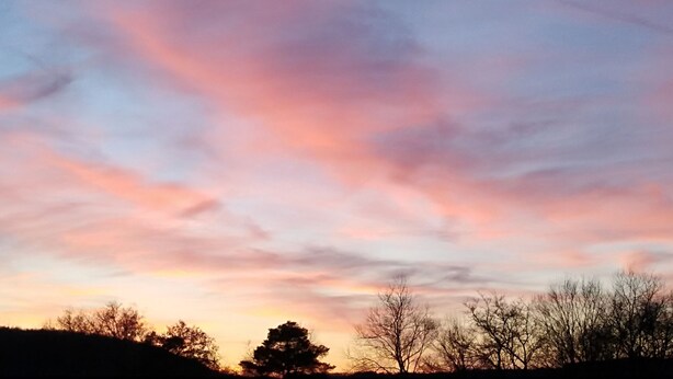 A sunset sky with pink and purple hues, silhouetted trees, and a clear horizon. - Econo Lodge Hornell (Hornell)