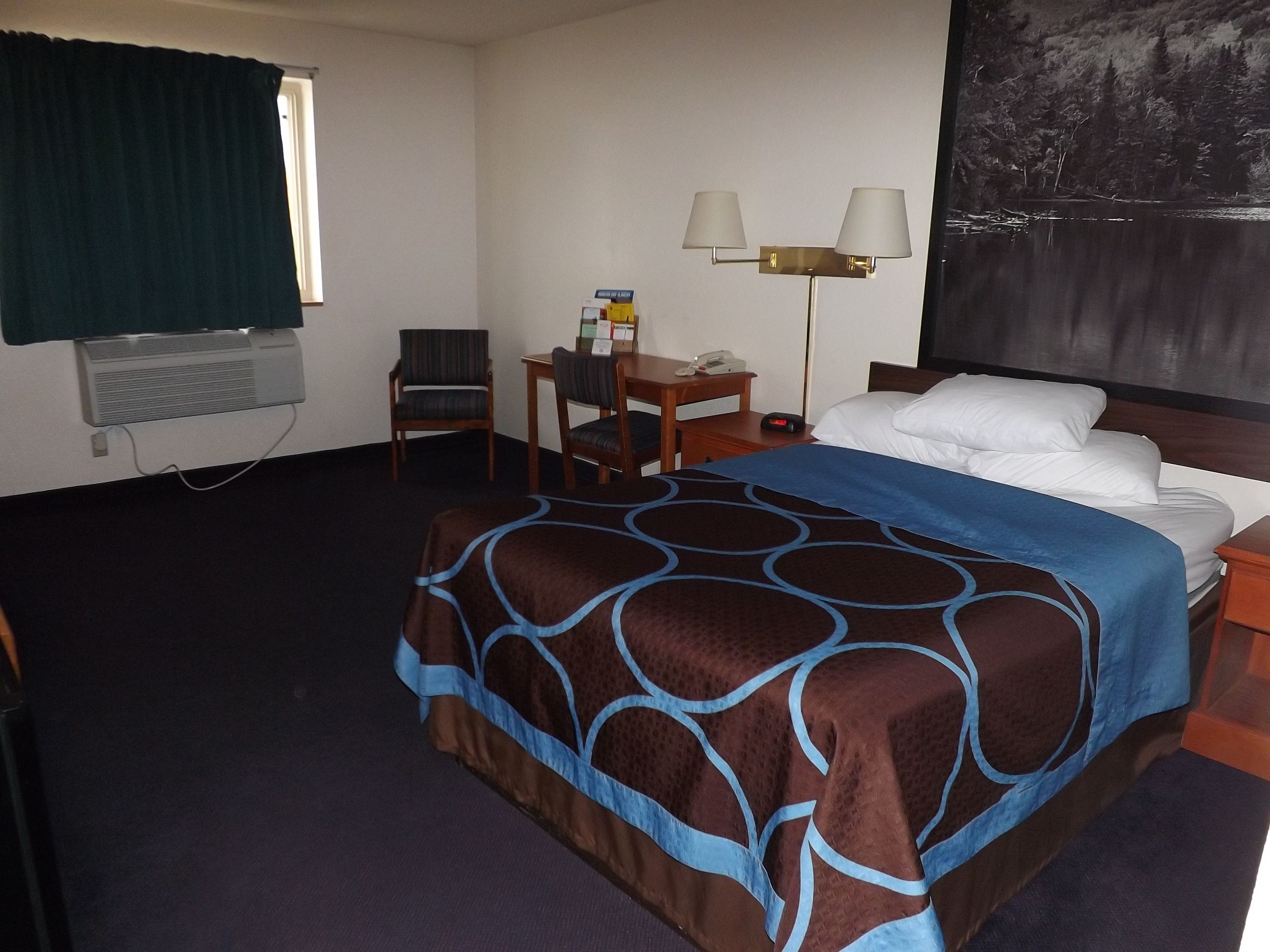 Une chambre d’hôtel avec un lit, un bureau et une chaise, une lampe et un tableau au mur.