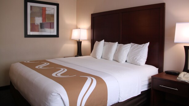 A hotel room with a large bed, a bedside table with a lamp, a framed picture on the wall, and a telephone on the table. - Quality Inn Cortland - University Area (Cortland)